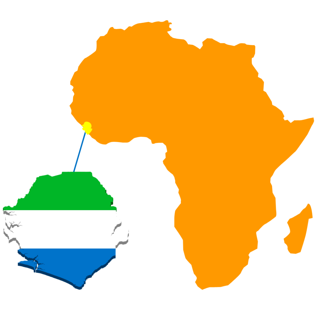 Kartassa oranssi Afrikan manner ja sen vieressä erillinen suurennettu Sierra Leonen kartan ääriviivat. Sierra Leonen kartasta johtaa viiva sen oikeaan sijaintipaikkaan Afrikan mantereen länsirannikolla.