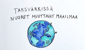 Piirroskuva maapallosta ja teksti Taksvärkissä nuoret muuttavat maailmaa.