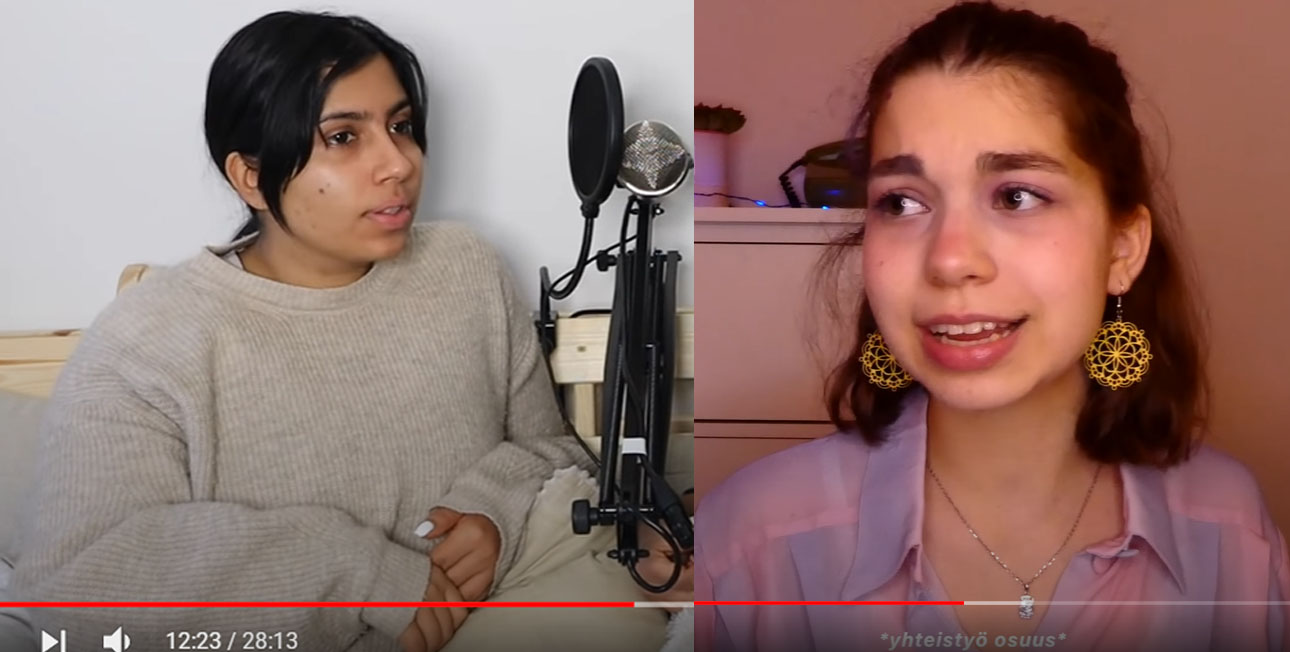 Kuvakaappaukset kahdesta eri videosta joissa nuori nainen puhuu.