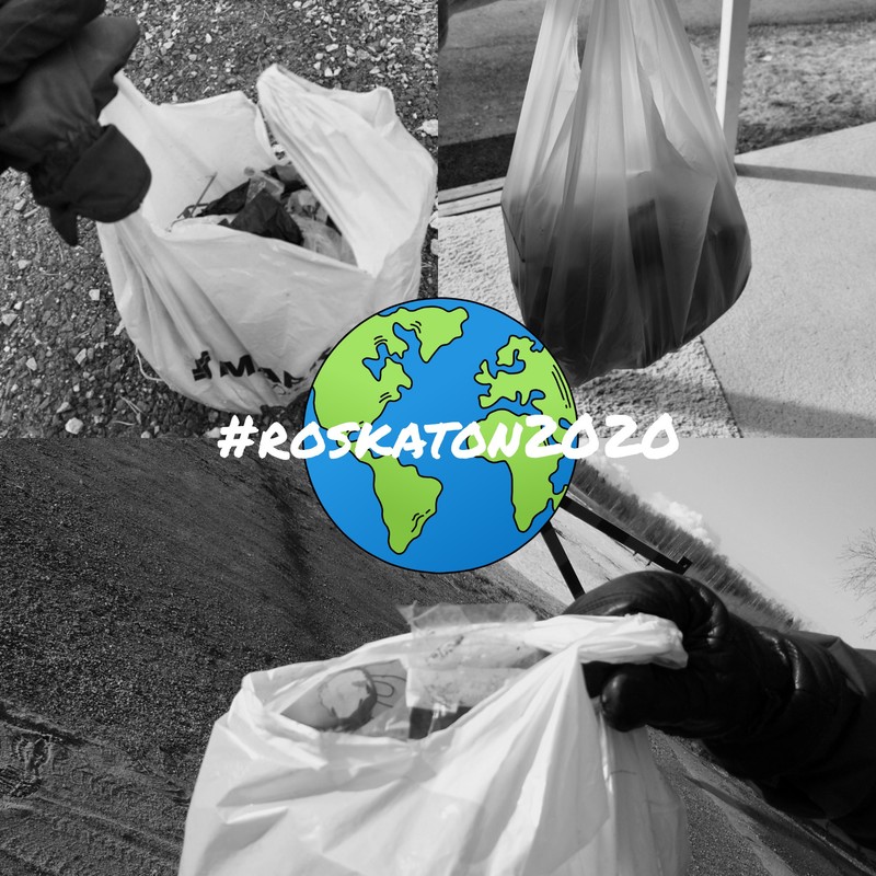 Kuvakollaasi kolmesta roskapussista ja piirretystä maapallosta päällä teksti #roskaton2020.