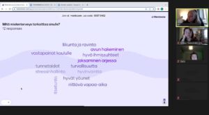 Kuvakaappaus Challengers-ryhmän Zoom-videopuhelusta. Näytöllä kysymys Mitä mielenterveys tarkoittaa sinulle? ja sanoja kysymykseen liittyen. Oikeassa reunassa kolmen henkilön videokuvat.