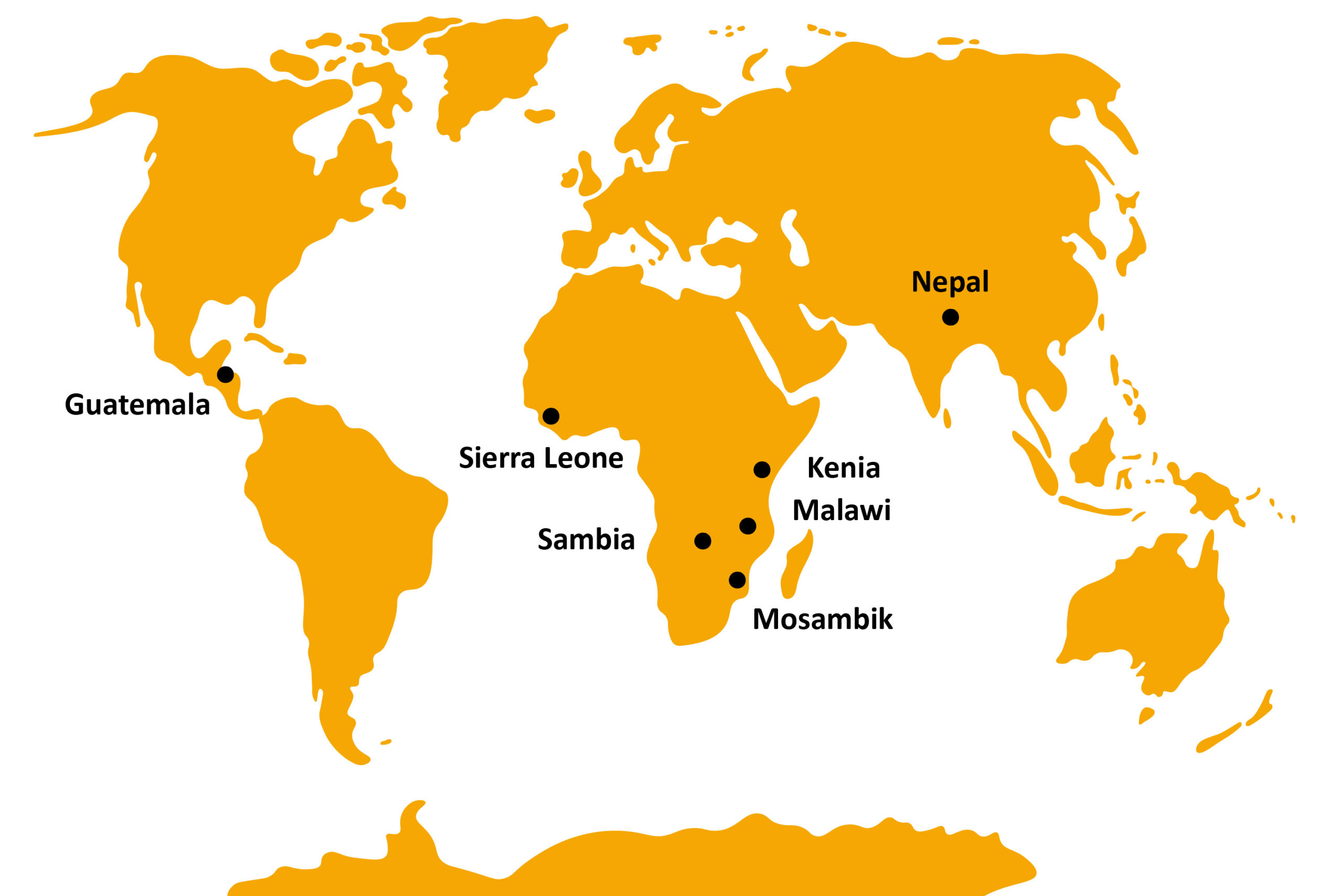 Maailmankartta, jossa on näkyvillä mantereet oranssilla. Kartalle on merkitty 7 maata mustilla pisteillä, joiden vieressä lukee maan nimi. Maat ovat Guatemala, Sierra Leone, Sambia, Mosambik, Malawi, Kenia ja Nepal.