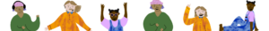 6 eriväristä piirrettyä ihmishahmoa.