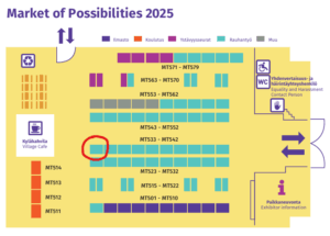 Värikäs kartta, jossa näkyy kymmeniä numeroituja pöytäpaikkoja. Keskimmäisen pöytärivin ensimmäinen paikka vasemmalla on ympyröity. Kuvan yläreunassa lukee Mahdollisuuksien tori.