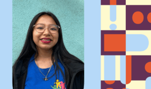 Vasemmalla mustahiuksinen nuori nainen hymyilee valokuvassa, oikealla erivärisiä graafisia kuvituskuvioita.