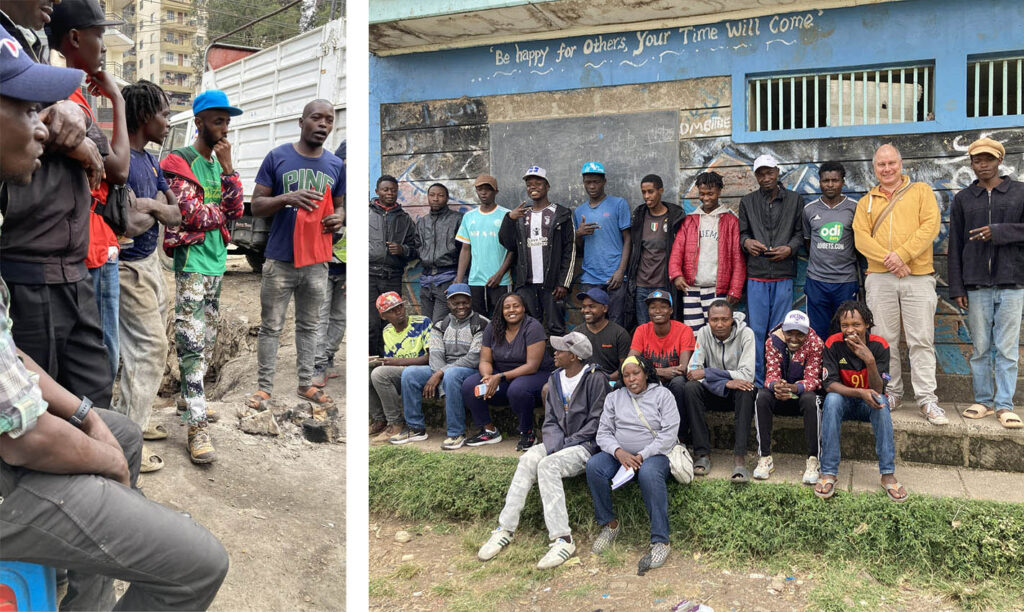 Vierekkäin kaksi valokuvaa: Ryhmä nuoria ulkona ringissä kuuntelemassa kun yksi puhuu, toisessa 18 nuorta, 2 nuorisotyöntekijää ja Taksvärkin työntekijä ryhmäkuvassa.