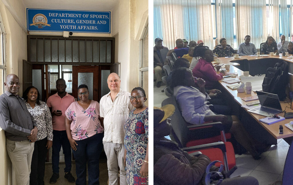 Vierekkäin kaksi valokuvaa: kuusi ihmistä seisoo käytävällä sisäänkäynnin edessä, toisessa osa isoa kokoushuoneen pöytää, jossa pöytien ympärillä istuu 16 ihmistä.