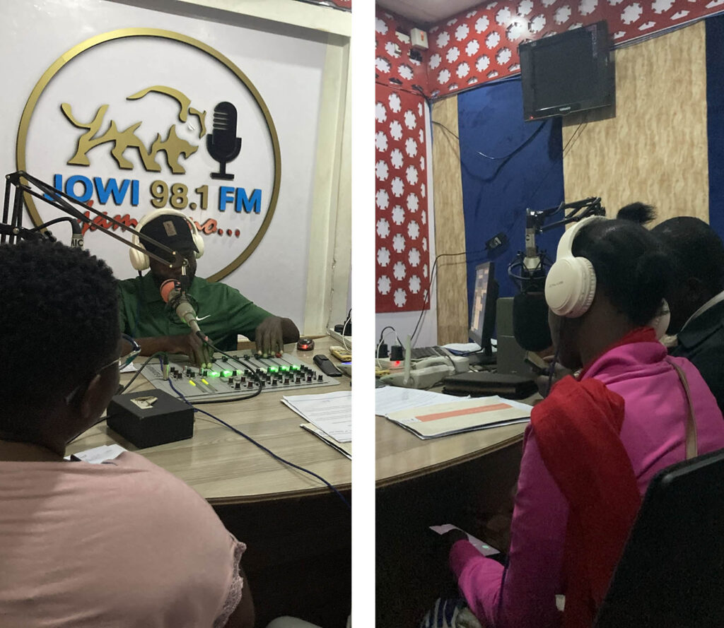 Vierekkäin kaksi valokuvaa radiojuontaja studiossa ja haastateltava kuulokkeet korvillaan.