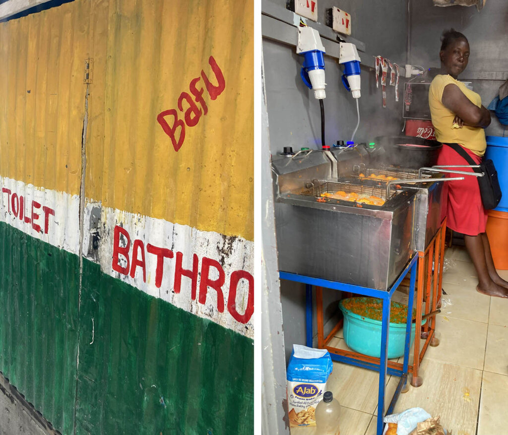 Vierekkäin kaksi valokuvaa: kelta-valko-vihreäksi maalattuja aaltopeltiovia, joissa tekstit vessa ja kylpyhuone, toisessa kuvassa 3 upporasvakeitintä, joissa perunoita. Taustalla ihminen punaisessa hameessa nojaa pöytään.