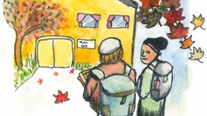 Piirroskuvassa kaksi lasta reput selässä kulkemassa kohti koulurakennusta.