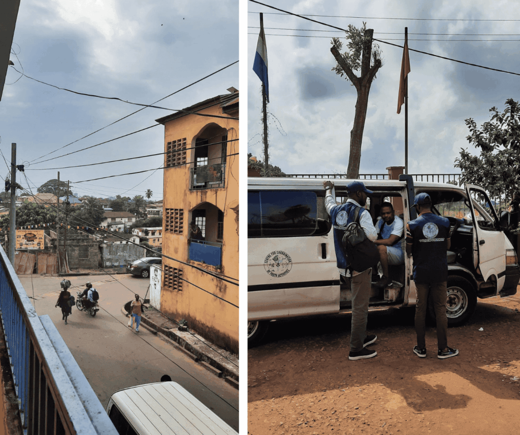 Kaksi valokuvaa rinnakkain. Ensimmäisessä on näkymä hiljaiselle kadulle parvekkeelta. Kadulla kävelee 2 ihmistä ja mopon kyydissä on kaksi henkilöä. Toisessa on valkoisen mini vanin avoimen oven luona kolme miestä.