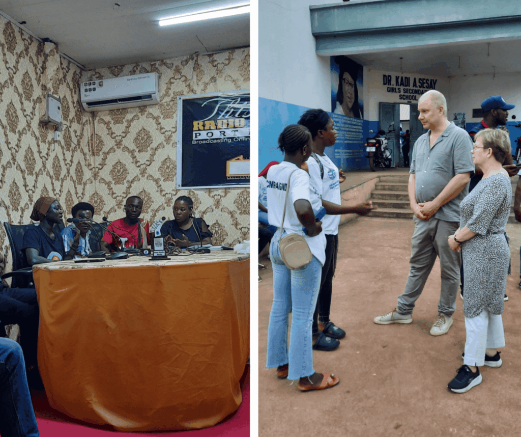 Kaksi valokuvaa rinnakkain. Ensimmäisessä on 4 ihmistä pöydän ja mikrofonien ääressä. Toisessa 2 nuorta puhuu kahdelle aikuiselle koulurakennuksen edessä.