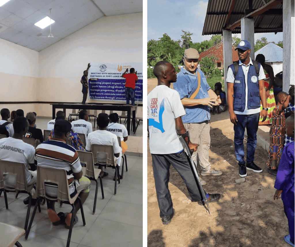 Kaksi valokuvaa rinnakkain. Ensimmäisessä on salissa tuolirivejä ja yleisöä. Toisessa kainalosauvaan nojaava henkilö puhuu ja kaksi ihmistä kuuntelee häntä pihamaalla.