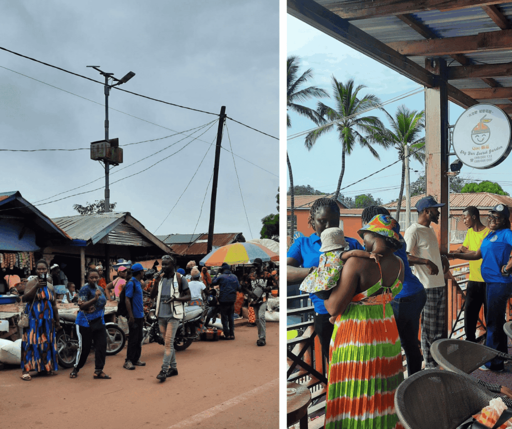 Kaksi valokuvaa rinnakkain. Ensimmäisessä kadulla 3 henkilöä puhuu mikrofoneihin. Taustalla mopoja, kauppakojuja ja ihmisiä. Toisessa on ihmisiä t-paidoissa ravintolan terassilla.