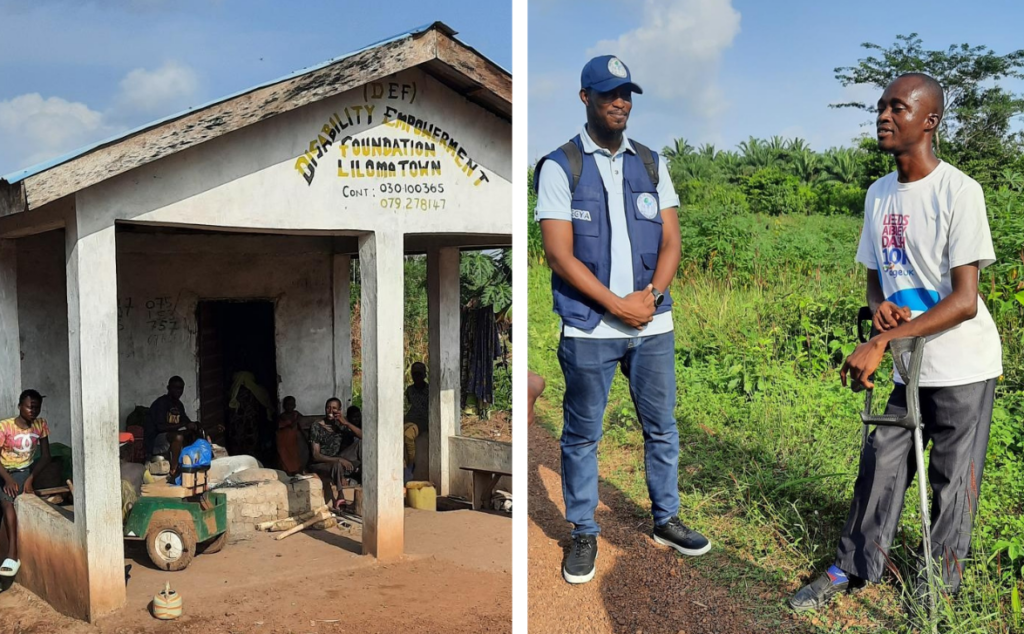 Kaksi kuvaa rinnakkain: vaalea yksinkertainen yksikerroksinen talo, jonka edessä pation varjossa istuu ihmisiä. Toisessa seisoo kaksi miestä, toinen nojaa kainalosauvoihin.