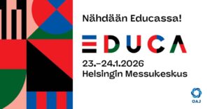 Värikkäitä kuvioita ja teksti Nähdään Educassa! EDUCA 23 .- 24.1.2026 Helsingin Messukeskus.