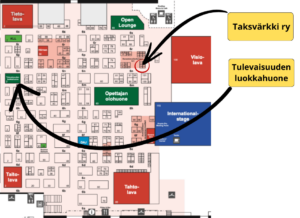 Pohjapiirros messualueesta. Nuoli osoittaa Taksvärkin paikkaa alueen oikeassa itälaidassa ja toinen nuoli lavan Tulevaisuuden luokkahuone sijaintia vasemmassa länsilaidassa.