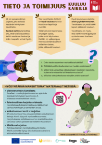 Juliste jossa paljon pientä tekstiä, kaksi piirrettyä ihmishahmoa ja otsikko Tieto ja toimijuus kuuluu kaikille.