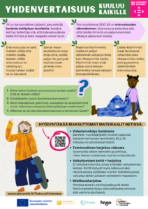 Juliste jossa paljon pientä tekstiä, kaksi piirrettyä ihmishahmoa ja otsikko Yhdenvertaisuus kuuluu kaikille.