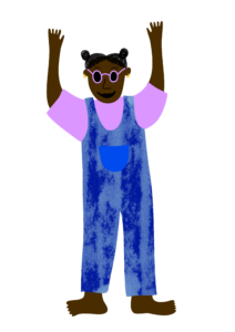 Piirretty ruskea ihmishahmo sinisissä lappuhaalareissa kädet ilmassa.