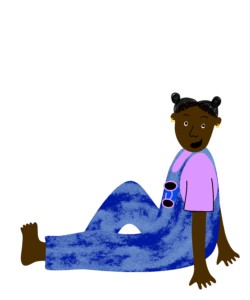 Piirretty istuva ruskea ihmishahmo sinisissä lappuhaalareissa.