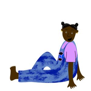 Piirretty istuva ruskea ihmishahmo sinisissä lappuhaalareissa.