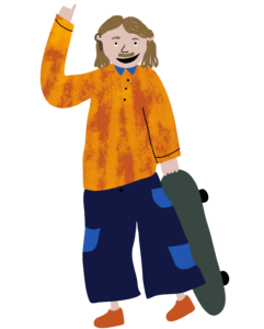 Piirretty vaalea ihmishahmo oranssissa paidassa pitää kädessään skeittilautaa.