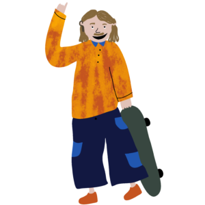 Piirretty vaalea ihmishahmo oranssissa paidassa pitää kädessään skeittilautaa.