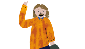 Piirretty vaalea ihmishahmo oranssissa paidassa.