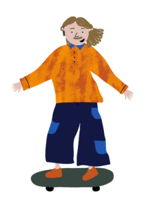 Piirretty vaalea ihmishahmo oranssissa paidassa skeittilaudalla.