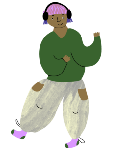 Piirretty vaaleanruskea tanssiva ihmishahmo vihreässä paidassa.