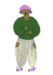 Piirretty vaaleanruskea ihmishahmo vihreässä paidassa.