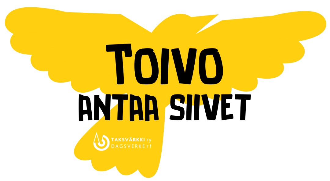 Logossa keltainen lintuhahmo ja musta teksti Toivo antaa siivet.