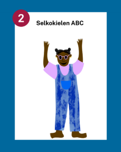 Siniset kehykset, joiden sisällä otsikko Selkokielen ABC. Otsikon alla piirroshahmo nuoresta henkilöstä, jolla siniset lappuhaalarit ja aurinkolasit.