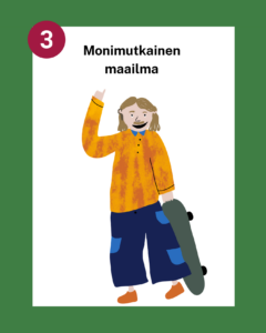 Vihreät kehykset, joiden sisällä otsikko Monimutkainen maailma. Otsikon alla piirroshahmo nuoresta henkilöstä, jolla oranssi paita ja kädessä skeittilauta.