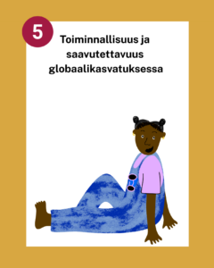 Vaaleanruskeat kehykset, joiden sisällä otsikko Toiminnallisuus ja saavutettavuus globaalikasvatuksessa. Otsikon alla piirroshahmo istuvasta ja käsiinsä nojaavasta nuoresta henkilöstä, jolla siniset lappuhaalarit.