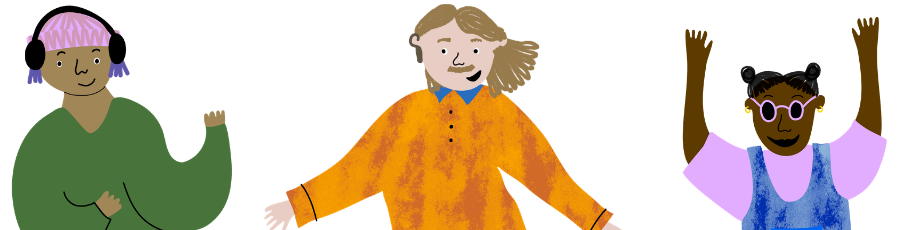 3 eriväristä piirrettyä ihmishahmoa eri asennoissa.