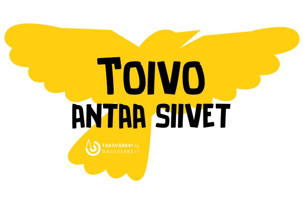 Logossa keltainen lintuhahmo ja musta teksti Toivo antaa siivet.