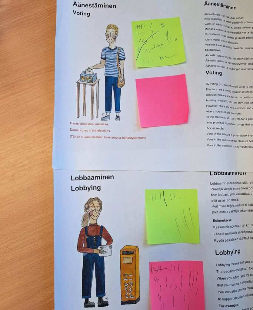 Papereilla piirroshahmoja ja tekstejä aiheina äänestäminen ja lobbaaminen.
